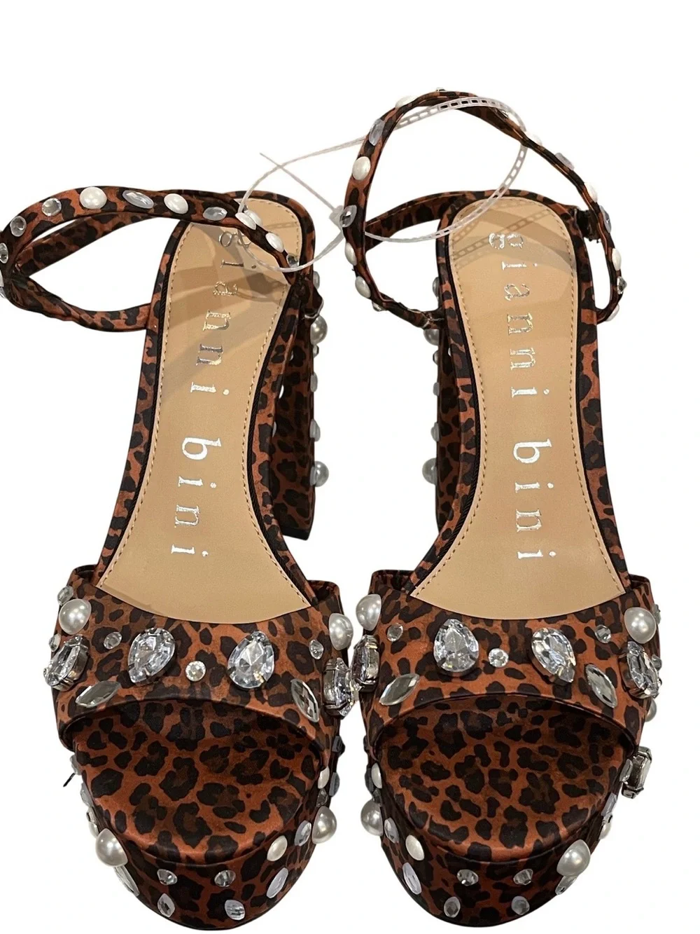 Gianni Bini Leopard Print Platform Sandals with Pearls & Crystals - Brown/Black
